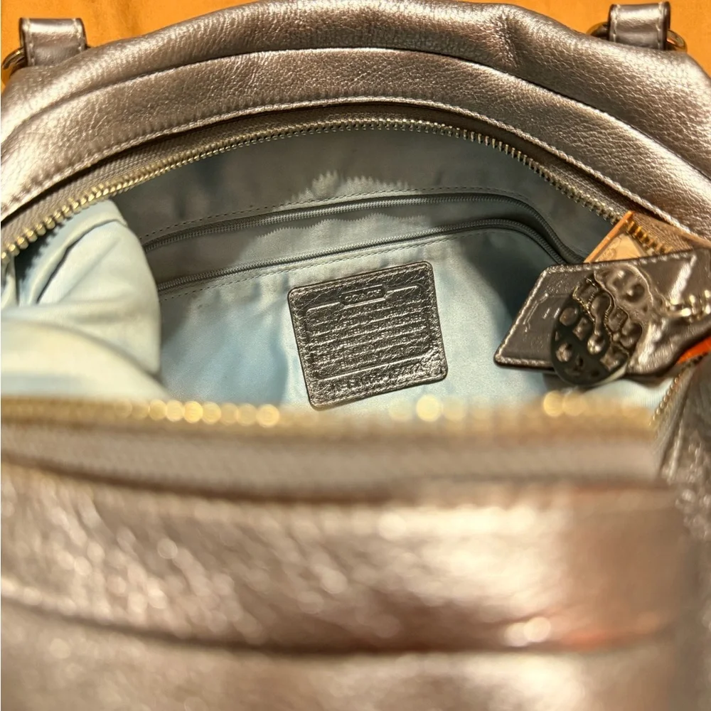 Metallic Silver Leather Coach Tote Bag